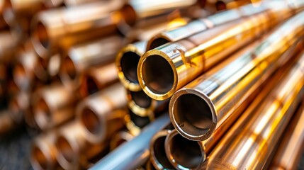 Naklejka premium Warehouse scene featuring stacked premium steel and aluminum pipes prepared for shipment