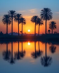 Obraz premium Serene Sunset with Palm Trees and Reflections Over Calm Water