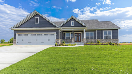 beautiful suburban American house with clean garage, porch, and lush green lawn