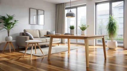 Simple wooden table sits on a plain wooden floor in a modern home , clean lines