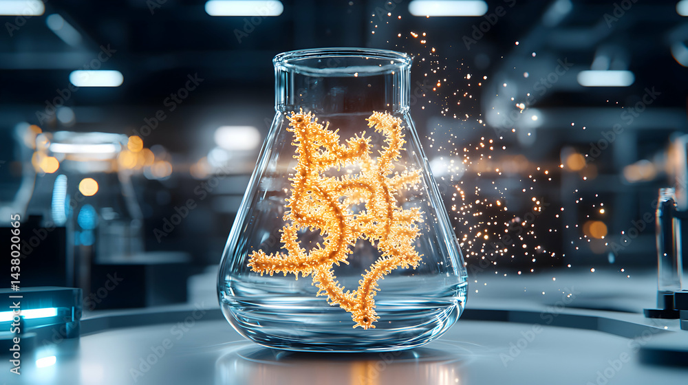 Aufkleber a stylized image features a lab flask holding a vibrant golden structure. it may represent scientifi