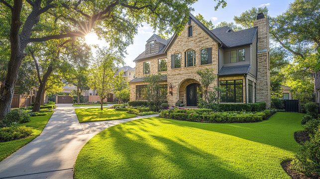Luxurious three story home with manicured lawn and trees in serene neighborhood