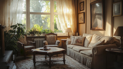 Cozy traditional living area with classic furniture and warm sunlight streaming in