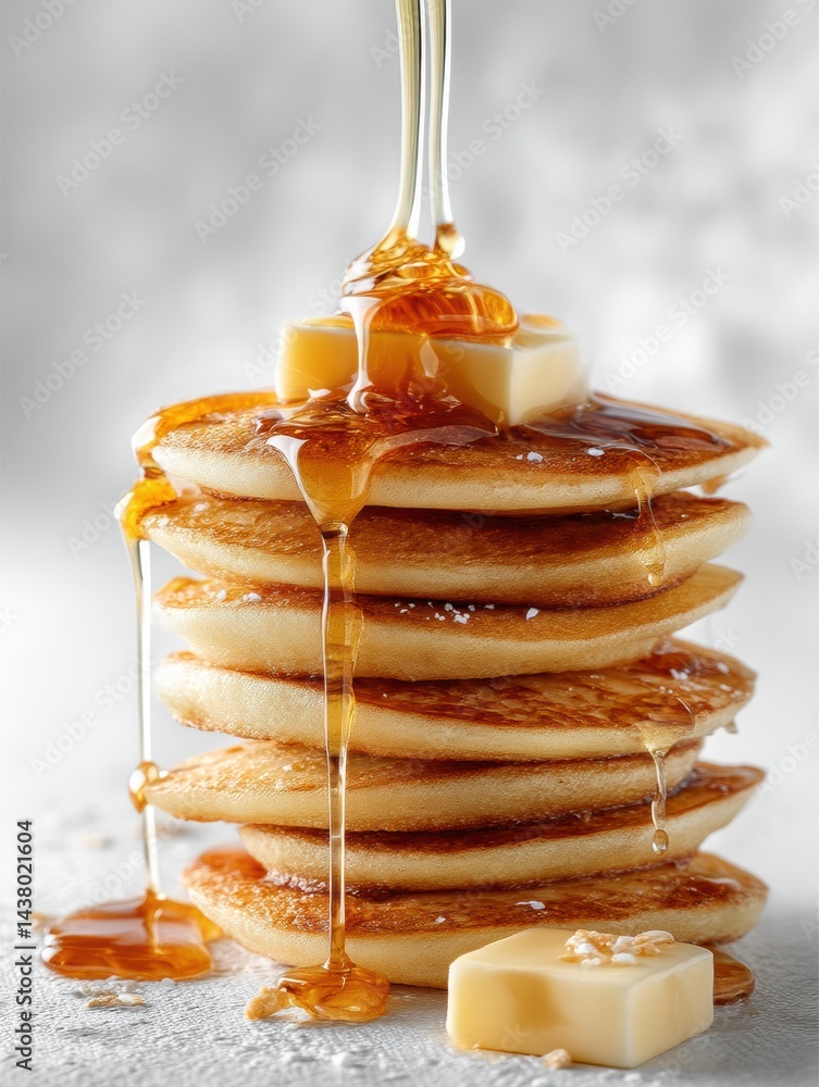 Aufkleber delicious stack of fluffy pancakes topped with melting butter and rich syrup on a clean white backgr