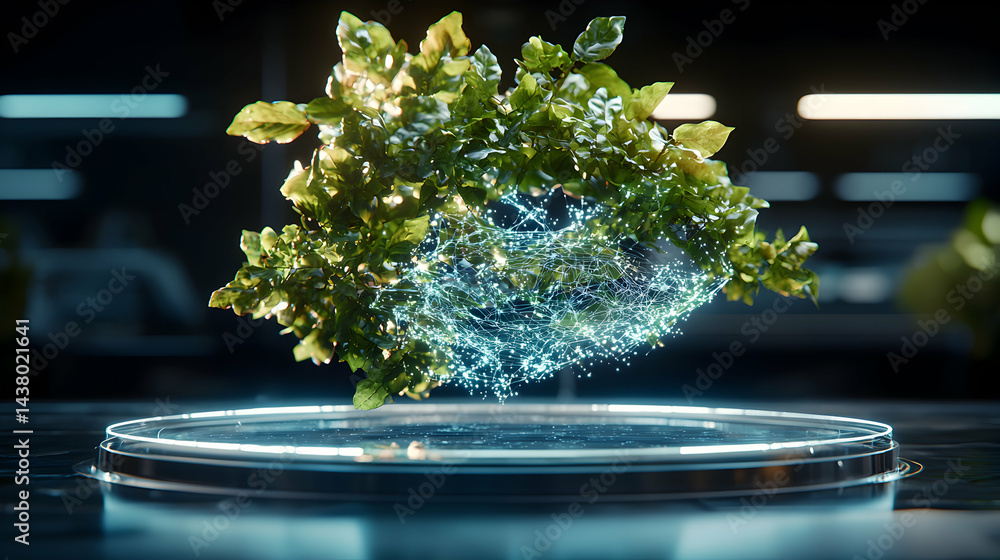 Poster a futuristic display of a plant intertwined with a glowing network symbolizing interconnected system
