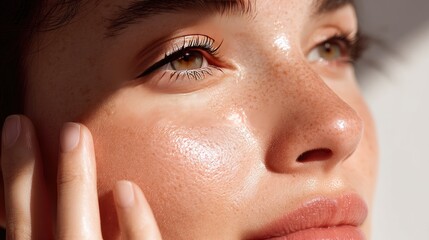 Fototapeta premium A close-up of the face, with beautiful and flawless skin of an attractive woman applying light cream on her cheekbones against a white background