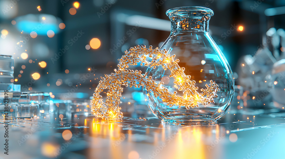 Poster a futuristic lab setting with a glowing molecular structure inside a glass flask. perfect for scienc