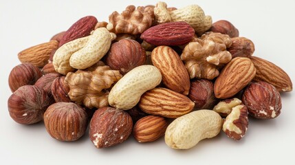 Assorted mixed nuts including walnuts almonds hazelnuts cashews and second half of peanuts isolated on white background with detailed textures and natural colors