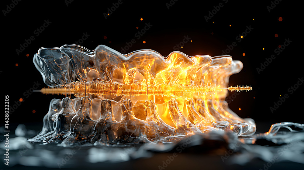 Poster abstract rendering of a bioluminescent structure resembling a spine. suggests concepts like energy s