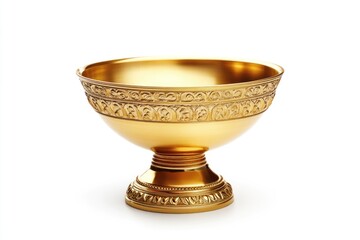 Ornate golden bowl on pedestal, intricate detailing, luxury, elegant, and empty.
