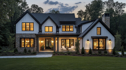 Obraz premium modern farmhouse style home with glowing lights at dusk, surrounded by greenery