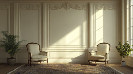 Elegant armchairs in spacious living area with natural light and decorative walls