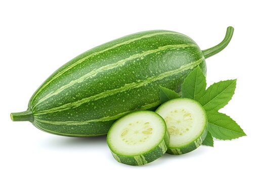 Pointed gourd with slices and leaf view isolated on white background