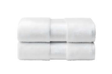 Luxurious white clean towel neatly folded and stack in elegant arrangement isolated on cut out PNG or transparent background. Image highlights soft texture and fabric, perfect for spa, hotel.