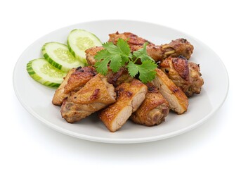 Grilled chicken with cucumber and cilantro on a white plate isolated on white background