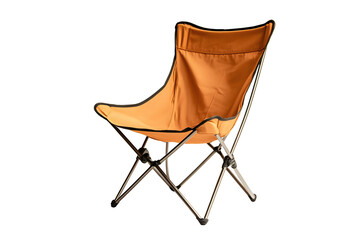 Portable folding camping chair orange isolated on cut out PNG or transparent background. Frame featuring modern design and comfortable fabric seat, displayed against. For outdoor adventures, picnics.