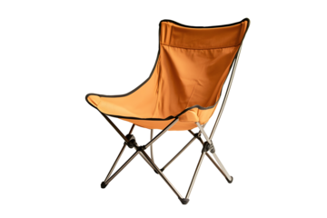 Portable folding camping chair orange isolated on cut out PNG or transparent background. Frame featuring modern design and comfortable fabric seat, displayed against. For outdoor adventures, picnics.