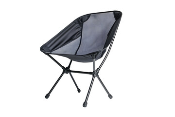 Portable folding camping chair black isolated on cut out PNG or transparent background. Frame featuring modern design and comfortable fabric seat, displayed against. For outdoor adventures, picnics