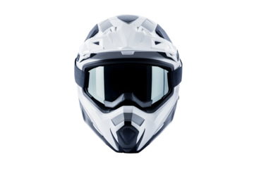 New modern racing helmet white for motor racing isolated on cutout PNG or transparent background. Safety motorcycle accessories. Biker helmet safety driving concept.