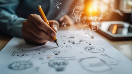 A man's hand holding a pencil, sketching a creative idea on a piece of paper with various lightbulb symbols around.