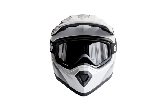 Front of new modern racing helmet pattern black, white for motor racing isolated on cutout PNG or transparent background. Safety motorcycle accessories. Biker helmet safety driving.	