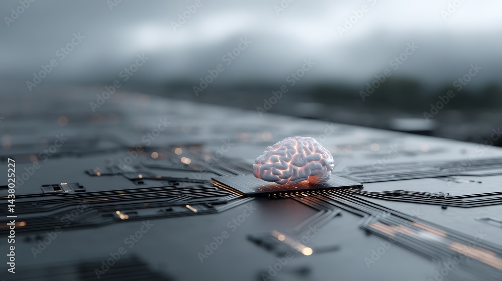 Poster Close-up view of a luminous brain structure seamlessly combined with electronic circuits, symbolizing advanced technology and innovation in a conceptual setting