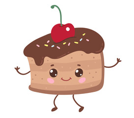 Vector flat illustration of a cute chocolate cake slice with cherry and sprinkles, with arms and legs.