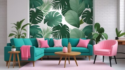 Modern Living Room Featuring Tropical Leaf Wallpaper and Vibrant Teal and Pink Furniture