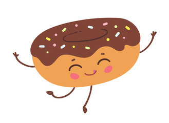 Vector flat illustration of a cute chocolate donut with arms and legs, colorful sprinkles smiling and dancing
