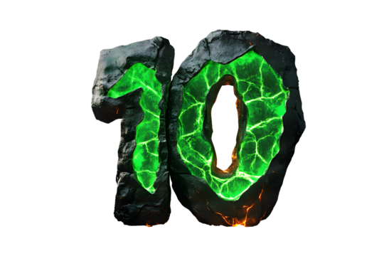 Number Green glow 10 (Ten) crafted entirely from molten magma or lava and blazing fire. Majestic elegance glowing with fiery cracks. isolated on cutout PNG or transparent background.