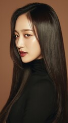 Naklejka premium Portrait of a Woman with Long Brown Hair in a Black Turtleneck