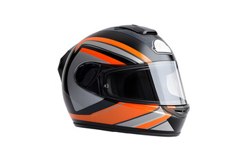 Genuine black, grey, orange full face motorcycle helmet isolated on cutout PNG or transparent background. Wearing motorcycle helmet has saved lives when in motorcycle accidents. Designed for Safety.