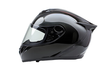 Genuine black full face motorcycle helmet with clear plastic cover isolated on cutout PNG or transparent background. Motorcycle helmet has saved lives when in motorcycle accidents. Designed for Safety