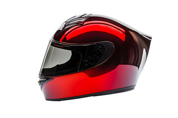 Genuine black, red full face motorcycle helmet isolated on cutout PNG or transparent background. Wearing motorcycle helmet has saved lives when in motorcycle accidents. Designed for Safety.
