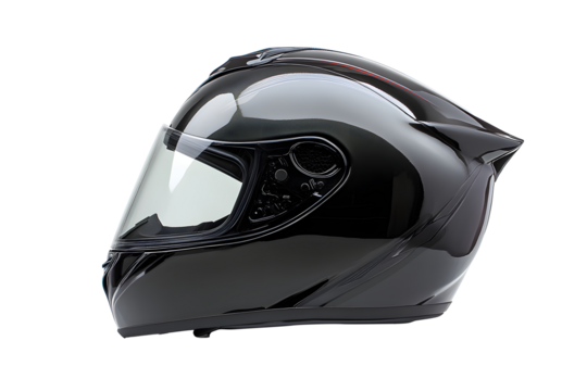 Genuine black full face motorcycle helmet with clear plastic cover isolated on cutout PNG or transparent background. Motorcycle helmet has saved lives when in motorcycle accidents. Designed for Safety