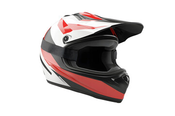 New modern racing helmet red and black white pattern for motor racing black glass mask isolated on cutout PNG or transparent background. Biker helmet safety driving. Safety motorcycle accessories.