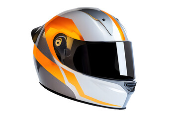 Genuine orange, white, grey full face motorcycle helmet isolated on cutout PNG or transparent background. Wearing motorcycle helmet has saved lives when in motorcycle accidents. Designed for Safety.