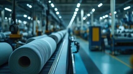 Fototapeta premium Textile rolls aligned on factory conveyor