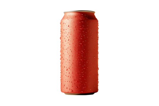 Aluminum red small soda can with cold water droplets cling isolated on cut out PNG or transparent background. Composition suitable for advertising and brand purposes.  Bottle soft drink pattern.