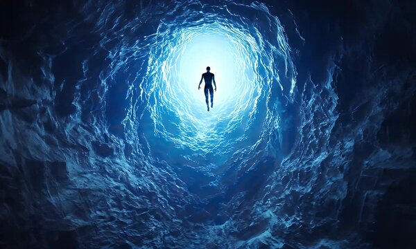 Silhouette figure floating upward inside glowing light tunnel 
