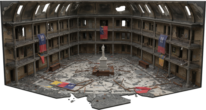 Destroyed Historical Building Interior War Torn Hall Damaged Marble Floor Fallen Flags Statue
