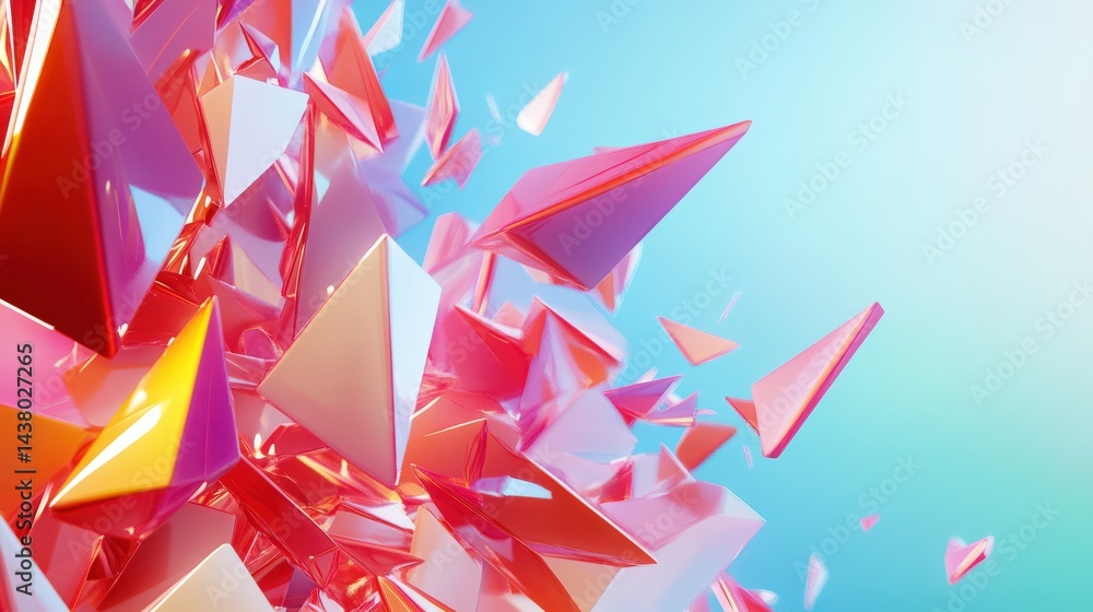 Poster abstract composition of vibrant, colorful triangular shapes floating in a soft gradient background
