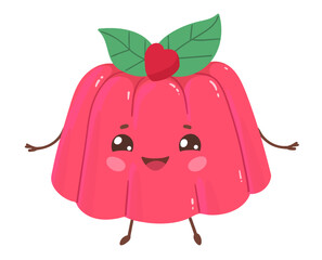 Vector flat illustration of a cute berry jelly character with arms and legs, green leaves and smiling face