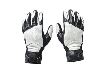 Black, white leather motorcycle gloves accents Isolated on cutout PNG or transparent background. For safety and comfort during rides. Sports accessories for motorcycle racing.