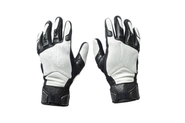 Black, white leather motorcycle gloves accents Isolated on cutout PNG or transparent background. For safety and comfort during rides. Sports accessories for motorcycle racing.
