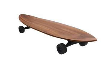 Wooden Skateboard dark brown featuring abstract with black casters. Sport inspired summer fun concept. Plastic mini cruiser beautiful color patterns. Isolated on cutout PNG or transparent background.