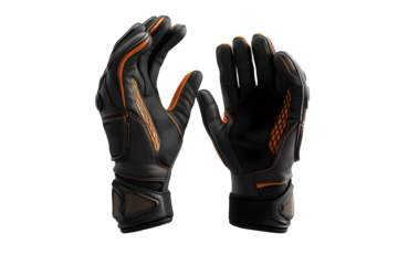 Black leather motorcycle gloves with red accents Isolated on cutout PNG or transparent background. For safety and comfort during rides. Sports accessories for motorcycle racing.