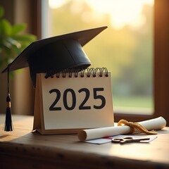 Class of 2025 Graduation Calendar with Cap on Rustic Wooden Table Outdoors