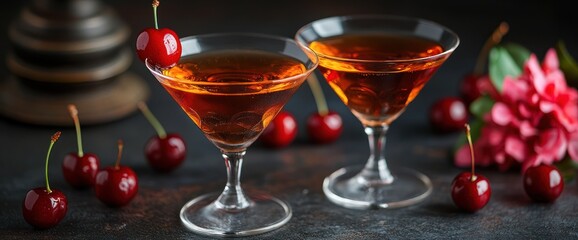 Two cocktails garnished with cherries