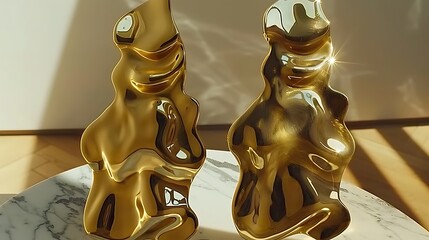 Reflections on Form: Luminous Golden Sculptures on Marble Surface in Warm Light